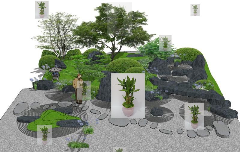SU园林景观设计禅意中式日式庭院景墙石头佛像草图大师su模型素材